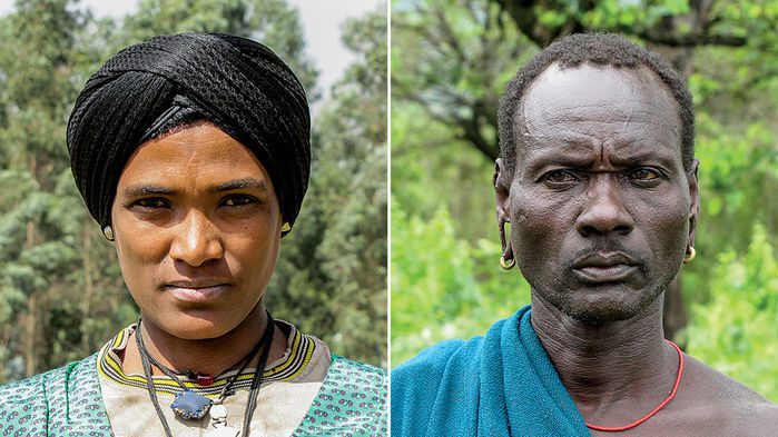 محققان ژن‌هایی را شناسایی کرده‌اند که به ساختن تون رنگ‌های پوستی متفاوت، مثل آن‌هایی که در Agaw (چپ) و Surma (راست) در بین مردم آفریقا مشاهده می‌شوند، کمک می‌کنند. (ALESSIA RANCIARO & DR. SIMON R. THOMPSON)