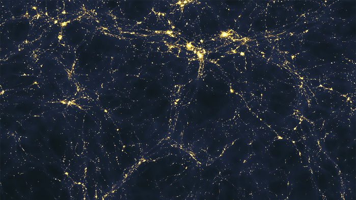 شبیه‌سازی‌های سوپرکامپیوتری چگونگی رشد کهکشان‌ها و خوشه‌های کهکشانی را در ساختارهای فیبر نوری (شبکه‌ی کیهانی) مدل می‌کند.