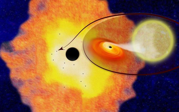 طراحی یک هنرمند از هسته‌ی راه شیری یا یک سیاهچاله‌ی ابرجرم در مرکز آن. دانشمندان چیزی را کشف کرده‌اند که به نظر می‌آید 12 سیاهچاله‌ی کوچک گردان به دور مرکز کهکشان ما باشد. اعتقاد بر این است که هر کدام از این سیاهچاله‌ها یک سیستم دوتایی از یک سیاهچاله و یک ستاره‌ی با جرم پائین باشد. گازی که از ستاره سیفون شده است با فرو رفتن در سیاهچاله‌ها می‌درخشد و به ما اجازه داده است تا آن را ببینیم. (Columbia University)