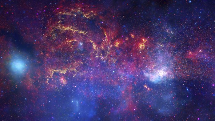 منابع اشعه‌ی ایکس با انرژی بالا (آبی) نزدیک هسته‌ی کهکشان راه شیری دیده می‌شود (ناحیه‌ی درخشان در پائین راست) در این تصویر ترکیبی