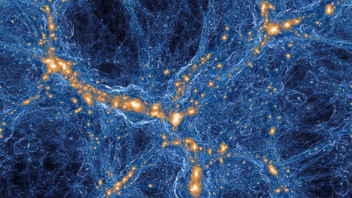 نمایی از شبکه‌ی کیهانی امروزی در پهنای 300 میلیون سال نوری که توسط IllustrisTNG مدل‌سازی شده است. کهکشان‌ها (طلایی) گاز (سفید) را منفجر کرده‌اند. TNG COLLABORATION