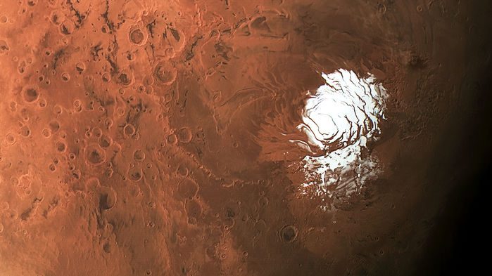 آب مایع، پنهان از دیده‌ها، زیر یخ (سفید) در قطب جنوب مریخ در تصویری که Mars Express به دست آورده است. ESA/DLR/FU Berlin/CC BY-SA 