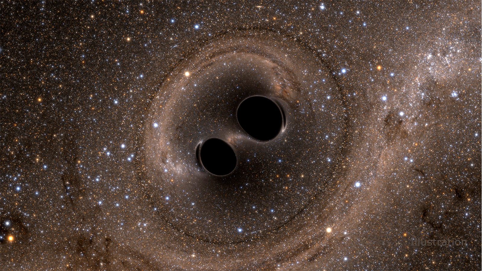 این تصویر کامپیوتری برخورد دو سیاهچاله را نشان می‌دهد که موجب ایجاد امواج گرانشی می‌شود.